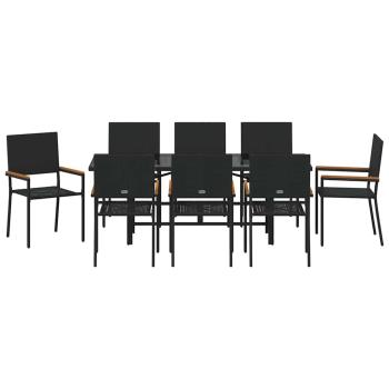 9-teiliges Garten Esstisch Set Schwarz Poly Rattan, Stapelbare Gartenstühle mit Kissen - 2-teiliges Set aus schwarzem Poly Rattan