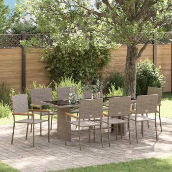 ARDEBO.de - 9-teiliges Garten-Esszimmer Set Grau Poly Rattan, Stapelbare Gartenstühle mit Kissen 2 Stück Grau Poly Rattan
