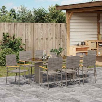 9-teiliges Garten-Esszimmer Set Grau Poly Rattan, Stapelbare Gartenstühle mit Kissen 2 Stück Grau Poly Rattan