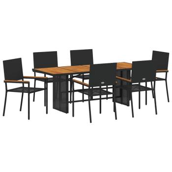 7-teiliges Garten Essgruppe Schwarz Poly-Rattan, Stapelbare Gartenstühle mit Kissen - 2-teiliges Set in Schwarz Poly-Rattan