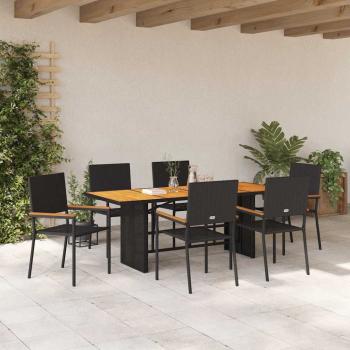 7-teiliges Garten Essgruppe Schwarz Poly-Rattan, Stapelbare Gartenstühle mit Kissen - 2-teiliges Set in Schwarz Poly-Rattan