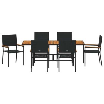 7-teiliges Garten Essgruppe Schwarz Poly-Rattan, Stapelbare Gartenstühle mit Kissen - 2-teiliges Set in Schwarz Poly-Rattan
