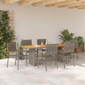 7-teiliges Garten Esstisch Set Grau Poly-Rattan, Stapelbare Gartenstühle mit Kissen 2 Stück Grau Poly-Rattan