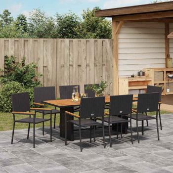 9-teilige Garten Essgruppe Schwarz Poly-Rattan, Stapelbare Gartenstühle mit Kissen - 2-teiliges Set aus schwarzem Poly-Rattan