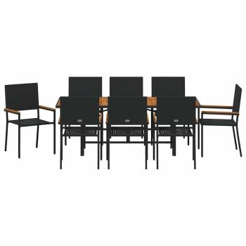 9-teilige Garten Essgruppe Schwarz Poly-Rattan, Stapelbare Gartenstühle mit Kissen - 2-teiliges Set aus schwarzem Poly-Rattan