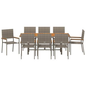 9-teiliges Garten Esstisch Set Grau Poly-Rattan, Stapelbare Gartenstühle mit Kissen 2er Set Grau Poly-Rattan