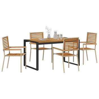 5-teiliges Garten Esszimmer Set Beige Poly Rattan Akazie, Stapelbare Gartenstühle mit Kissen - Set von 2 in Beige Poly Rattan