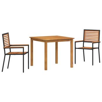 3-teiliges Garten Esstisch Set schwarzes Poly Rattan Akazie, stapelbare Gartenstühle mit Kissen 2 Stück schwarz Poly Rattan