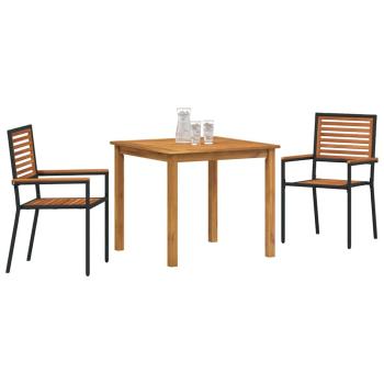 3-teiliges Garten Esstisch Set schwarzes Poly Rattan Akazie, stapelbare Gartenstühle mit Kissen 2 Stück schwarz Poly Rattan