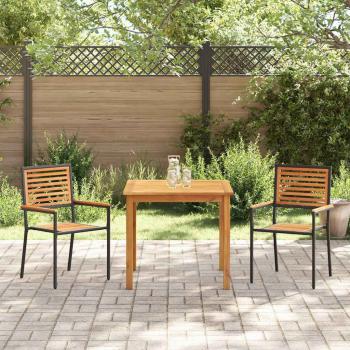 3-teiliges Garten Esstisch Set schwarzes Poly Rattan Akazie, stapelbare Gartenstühle mit Kissen 2 Stück schwarz Poly Rattan