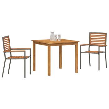 3 teiliges Garten Essgruppe Grau Poly Rattan Akazie, Stapelbare Gartenstühle mit Kissen 2 Stück Grau Poly Rattan