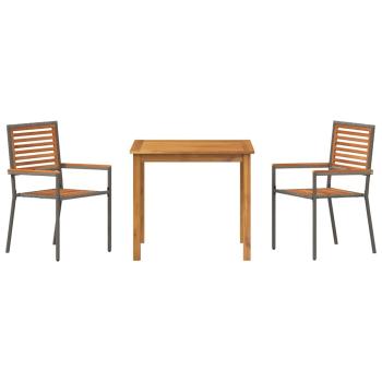 3 teiliges Garten Essgruppe Grau Poly Rattan Akazie, Stapelbare Gartenstühle mit Kissen 2 Stück Grau Poly Rattan