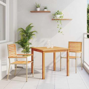 ARDEBO.de - 3-teiliges Garten-Essset Beige Poly Rattan Akazie, Stapelbare Gartenstühle mit Kissen - 2er Set in Beige Poly Rattan
