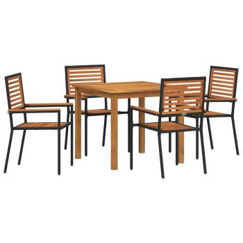 5-teilige Garten Essgruppe Schwarz Poly Rattan Akazie, Stapelbare Gartenstühle mit Kissen 2 Stück Schwarz Poly Rattan
