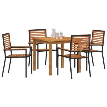 5-teilige Garten Essgruppe Schwarz Poly Rattan Akazie, Stapelbare Gartenstühle mit Kissen 2 Stück Schwarz Poly Rattan