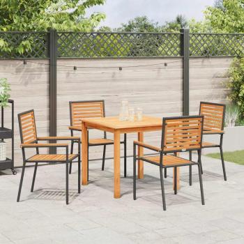 5-teilige Garten Essgruppe Schwarz Poly Rattan Akazie, Stapelbare Gartenstühle mit Kissen 2 Stück Schwarz Poly Rattan
