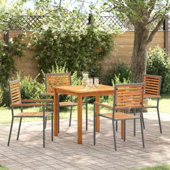 ARDEBO.de - 5-teilige Garten-Essgruppe Grau Poly-Rattan Akazie, Stapelbare Gartenstühle mit Kissen 2 Stück Grau Poly-Rattan