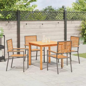 5-teilige Garten-Essgruppe Grau Poly-Rattan Akazie, Stapelbare Gartenstühle mit Kissen 2 Stück Grau Poly-Rattan