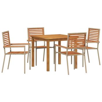 5-teiliges Garten Essset aus beige Poly Rattan und Akazie, Stapelbare Gartenstühle mit Kissen - Set von 2 in beige Poly Rattan