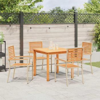 5-teiliges Garten Essset aus beige Poly Rattan und Akazie, Stapelbare Gartenstühle mit Kissen - Set von 2 in beige Poly Rattan