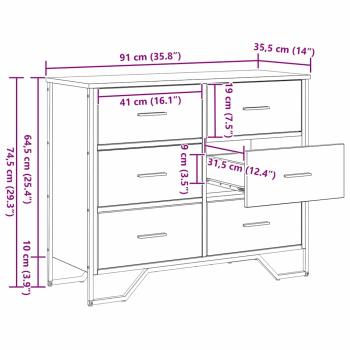 Kommode 6-Schublade Schwarz Eichen-Optik 91 x 35,5 x 74,5 cm