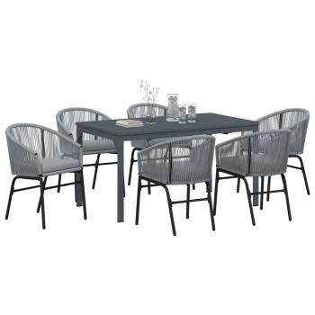 7-teiliges Garten-Dining Set mit Kissen in Grau Poly Rattan