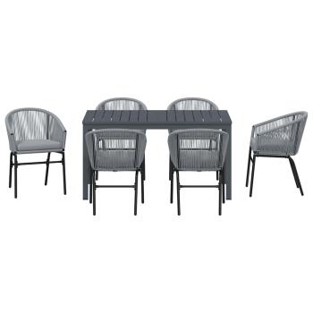 7-teiliges Garten-Dining Set mit Kissen in Grau Poly Rattan