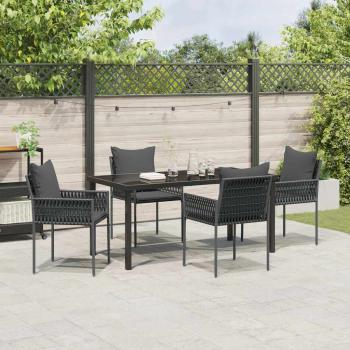 5-teiliges Garten-Ess-Set mit Kissen Schwarz Poly-Rattan