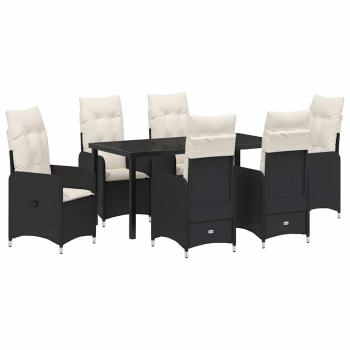 7-teiliges Garten-Esszimmer-Set mit Kissen in Schwarz Poly-Rattan