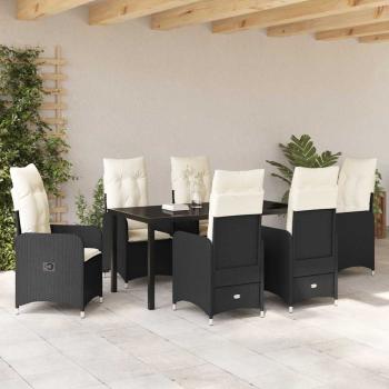 7-teiliges Garten-Esszimmer-Set mit Kissen in Schwarz Poly-Rattan