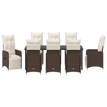 9-teiliges Garten-Esstisch-Set mit Kissen in Braun Poly Rattan