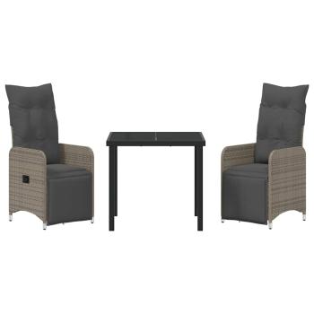 3-teiliges Garten-Dining-Set mit Kissen Grau Poly-Rattan