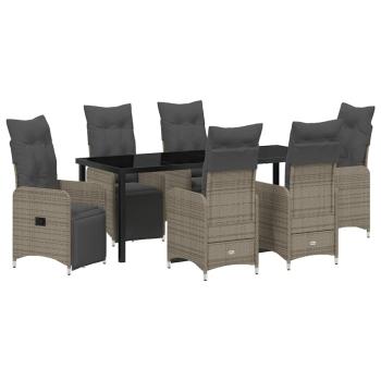 7-teiliges Garten-Esszimmer-Set mit Kissen in Grau aus Poly Rattan