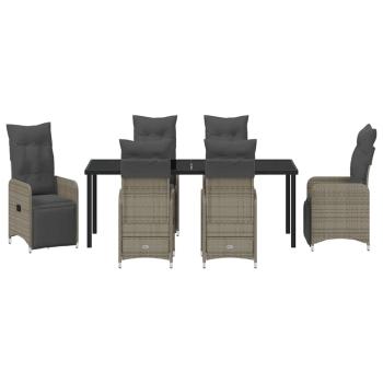 7-teiliges Garten-Esszimmer-Set mit Kissen in Grau aus Poly Rattan
