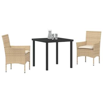 3-teiliges Garten Essgruppe mit Kissen Beige Poly-Rattan, Gartentisch Schwarz 80x80x73 cm Tempered Glass