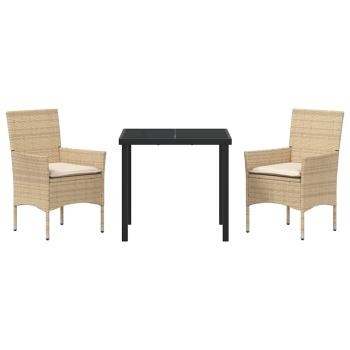 3-teiliges Garten Essgruppe mit Kissen Beige Poly-Rattan, Gartentisch Schwarz 80x80x73 cm Tempered Glass