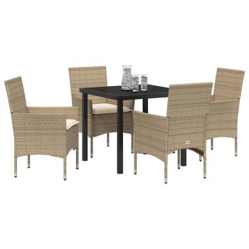 5-teilige Garten Essgruppe mit Kissen Beige Poly Rattan, Gartentisch Schwarz 80x80x73 cm Tempered Glass