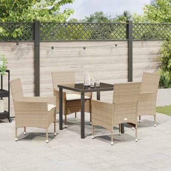 5-teilige Garten Essgruppe mit Kissen Beige Poly Rattan, Gartentisch Schwarz 80x80x73 cm Tempered Glass