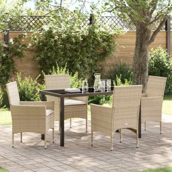 ARDEBO.de - 5-teiliges Garten Esstisch Set mit Kissen Beige Poly Rattan, Gartentisch Schwarz 140x80x73 cm Temperglas
