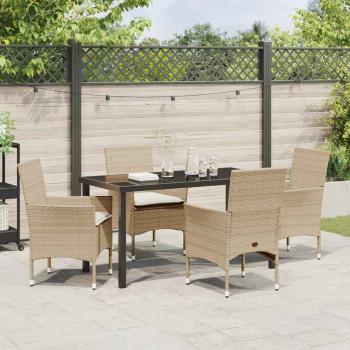 5-teiliges Garten Esstisch Set mit Kissen Beige Poly Rattan, Gartentisch Schwarz 140x80x73 cm Temperglas