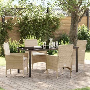 ARDEBO.de - 5-teiliges Garten-Essset mit Kissen Beige Poly Rattan, Gartentisch Schwarz 160x80x73 cm Tempered Glass
