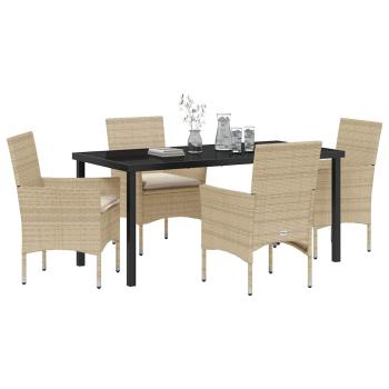 5-teiliges Garten-Essset mit Kissen Beige Poly Rattan, Gartentisch Schwarz 160x80x73 cm Tempered Glass