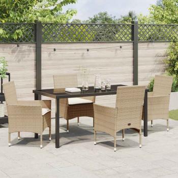 5-teiliges Garten-Essset mit Kissen Beige Poly Rattan, Gartentisch Schwarz 160x80x73 cm Tempered Glass