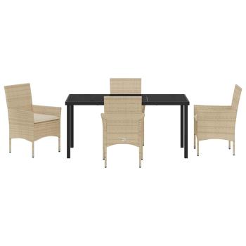 5-teiliges Garten-Essset mit Kissen Beige Poly Rattan, Gartentisch Schwarz 160x80x73 cm Tempered Glass