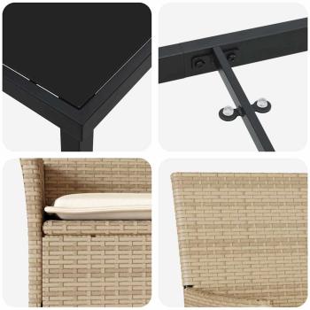 5-teiliges Garten-Essset mit Kissen Beige Poly Rattan, Gartentisch Schwarz 160x80x73 cm Tempered Glass