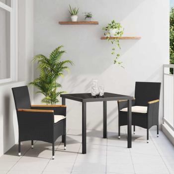 ARDEBO.de - 3-teiliges Garten Esstisch Set mit Kissen Schwarz Poly Rattan, Gartentisch Schwarz 80x80x73 cm Mit Sicherheitsglas