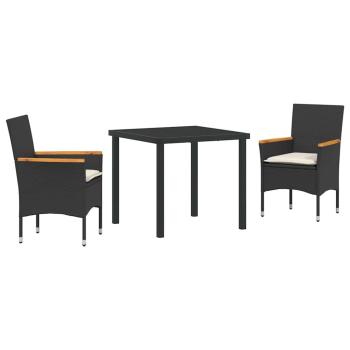 3-teiliges Garten Esstisch Set mit Kissen Schwarz Poly Rattan, Gartentisch Schwarz 80x80x73 cm Mit Sicherheitsglas