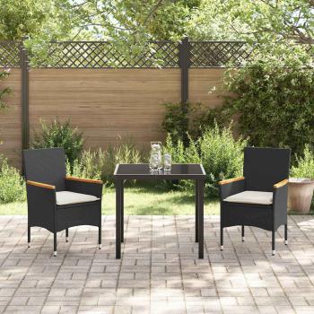 3-teiliges Garten Esstisch Set mit Kissen Schwarz Poly Rattan, Gartentisch Schwarz 80x80x73 cm Mit Sicherheitsglas