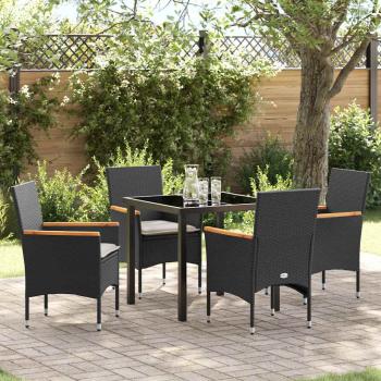 ARDEBO.de - 5-teilige Garten Essgruppe mit Kissen in schwarzem Poly-Rattan, Gartentisch in Schwarz 80x80x73 cm mit Sicherheitsglas