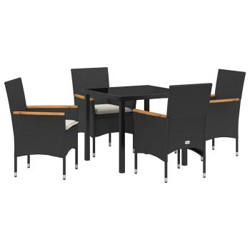 5-teilige Garten Essgruppe mit Kissen in schwarzem Poly-Rattan, Gartentisch in Schwarz 80x80x73 cm mit Sicherheitsglas